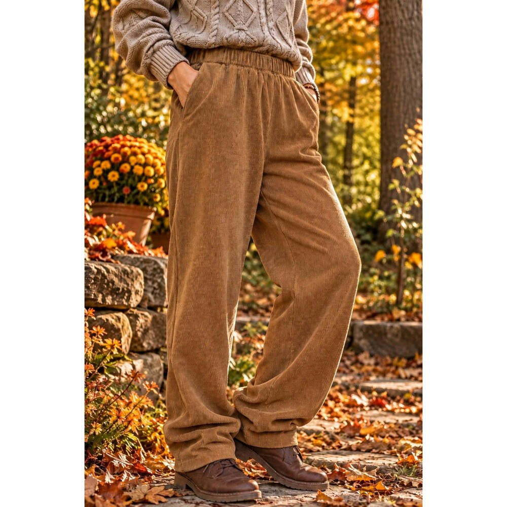 Lands' End Women's Brown Corduroy Pull-On Pants Elastic Waist Pockets L Stretchy